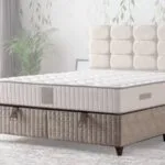 Bamboo Baza 140x190 modeli, açık bej kumaş kaplamalı modern baza