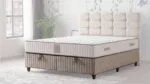 Bamboo Baza 140x190 modeli, açık bej kumaş kaplamalı modern baza