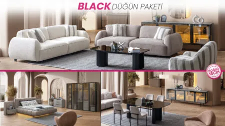BLACK Düğün Paketi salon, yatak odası ve yemek odası takımlarıyla modern ve şık yaşam alanı