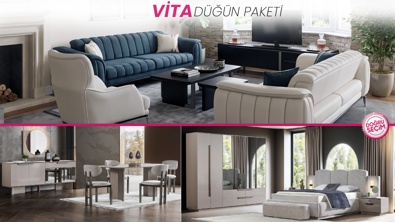 VİTA DÜĞÜN PAKETİ VİTA Düğün Paketi salon, yemek odası ve yatak odası mobilyaları