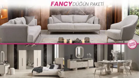 Fancy Düğün Paketi oturma odası, yatak odası ve yemek odası takımı
