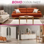 Boho Düğün Paketi salon, yatak odası ve yemek odası mobilyaları