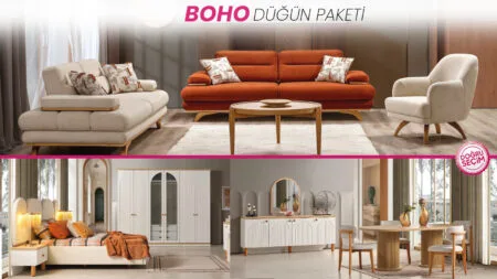 Boho Düğün Paketi salon, yatak odası ve yemek odası mobilyaları