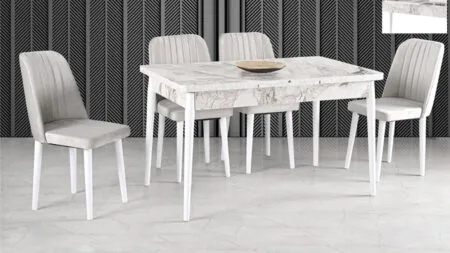 GOCOZY Masa Sandalye Takımı beyaz ayaklı masa ve açık renk sandalyeler