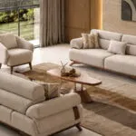 KELLY KOLTUK TAKIMI 3+3+1 modeli, bej renkli modern koltuk takımı salon dekorasyonunda