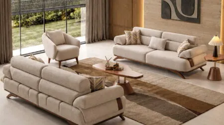 KELLY KOLTUK TAKIMI 3+3+1 modeli, bej renkli modern koltuk takımı salon dekorasyonunda