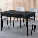 TK1039 Masa Takımı siyah mermer masa ve açık gri kadife sandalyeler