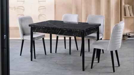 TK1039 Masa Takımı siyah mermer masa ve açık gri kadife sandalyeler