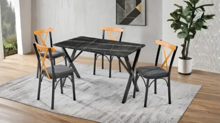 MALAGA MASA + 4 SANDALYE yemek odası takımı siyah mermer desenli masa ve ahşap detaylı sandalyeler