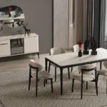 Destan Yemek Odası Takımı modern tasarım krem konsol ve siyah ayaklı masa sandalyeler ile