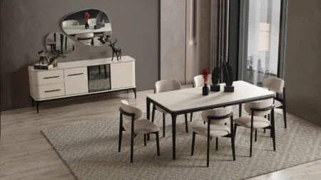 Destan Yemek Odası Takımı modern tasarım krem konsol ve siyah ayaklı masa sandalyeler ile