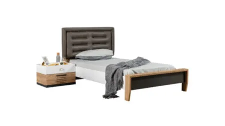 Relax Genç KARYOLA modeli, yumuşak başlıklı ve doğal ahşap detaylı genç odası karyolası