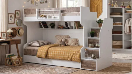 LOFT RANZA genç odası için beyaz ve ahşap detaylı ranza