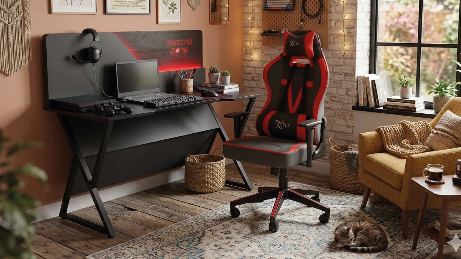 GAMİNG ZONE ÇALIŞMA MASASI RİO Gaming Oyuncu Koltuk ve Masa Seti, siyah-kırmızı renkli ergonomik tasarım