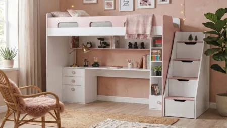 LİMA RANZA genç odası için beyaz ve pembe renklerde fonksiyonel ranza modeli