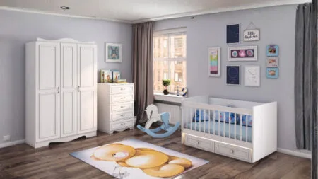 Mira Bebek Odası beyaz renkli gardırop, şifonyer ve beşik ile modern genç odası takımı